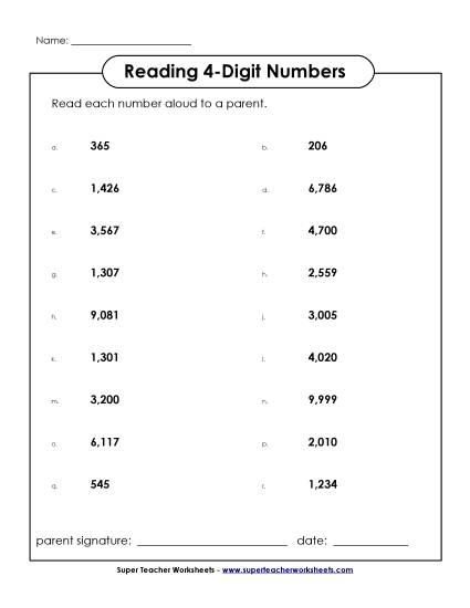 Reading 4-Digit Numbers - Read the Numbers: 4-Digit Reading 4-Digit Numbers - Read the Numbers: 4-Digit