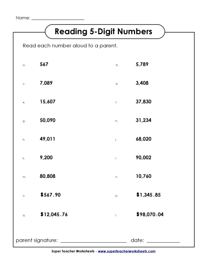 Reading 5-Digit Numbers - Read the Numbers: 5-Digit
