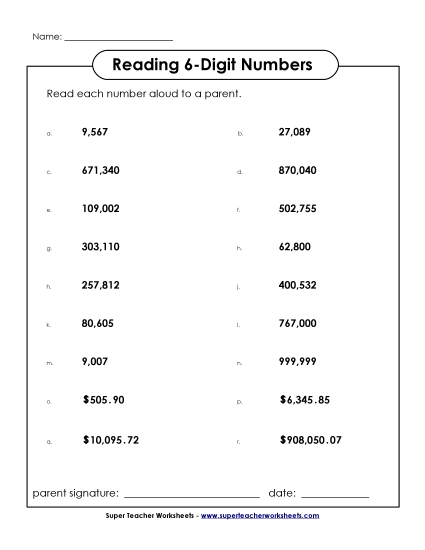 Reading 6-Digit Numbers - Read the Numbers: 6-Digit Reading 6-Digit Numbers - Read the Numbers: 6-Digit