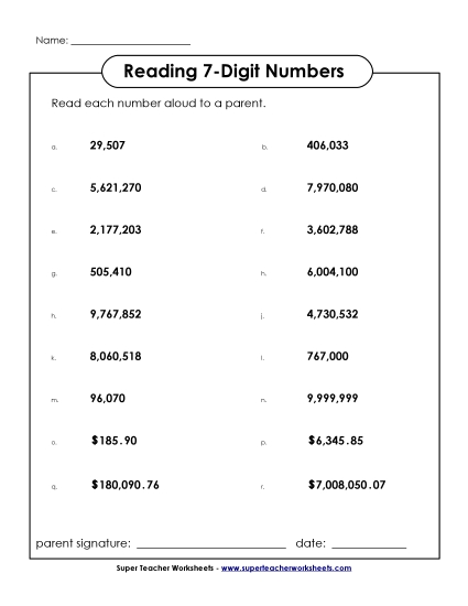 Reading 7-Digit Numbers - Read the Numbers: 7-Digit