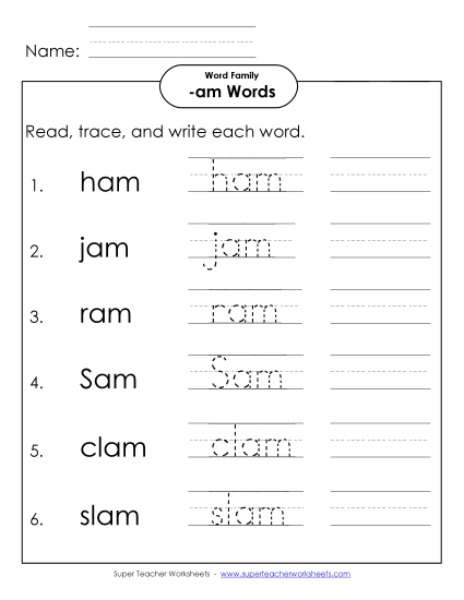 Worksheets - Read, Trace, Write (-am)