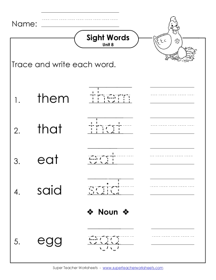 Worksheets - Read, Trace, Write (Unit 8)