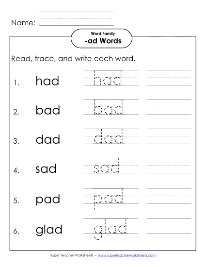 Worksheets - Read, Write, Trace (-ad)