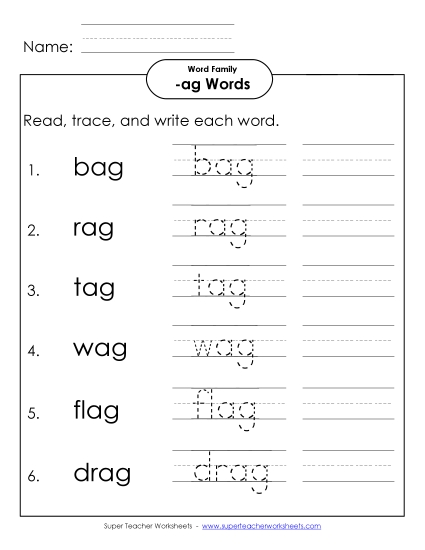 Worksheets - Read, Write, Trace (-ag)