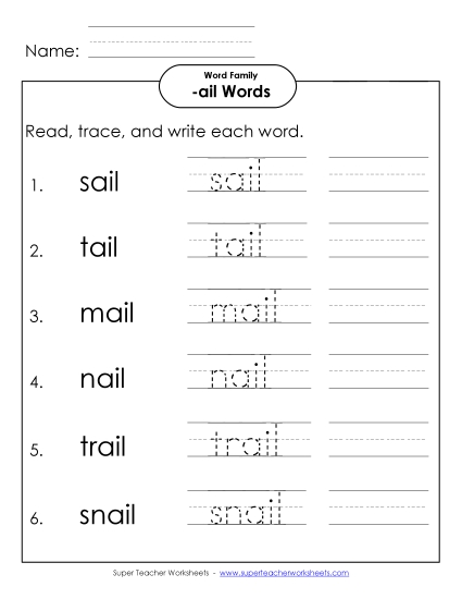 Worksheets - Read, Write, Trace (-ail) Worksheets - Read, Write, Trace (-ail)