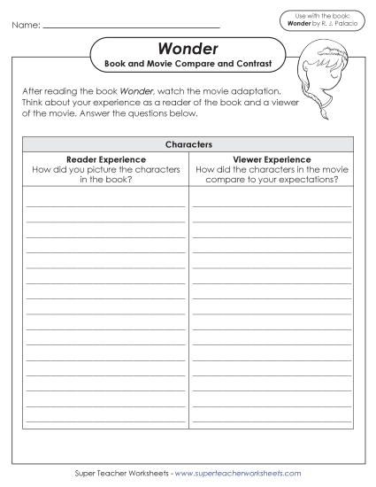 Book - Movie Comparisons - Reader vs. Viewer Experience (Wonder) (Printable PDF Worksheet)