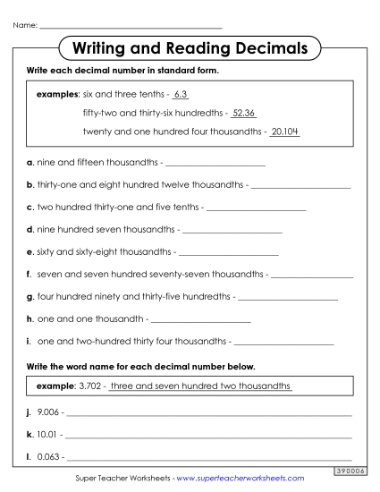 Reading Decimals (Thousandths) - Reading and Writing Decimals (Word Name: Thousandths)