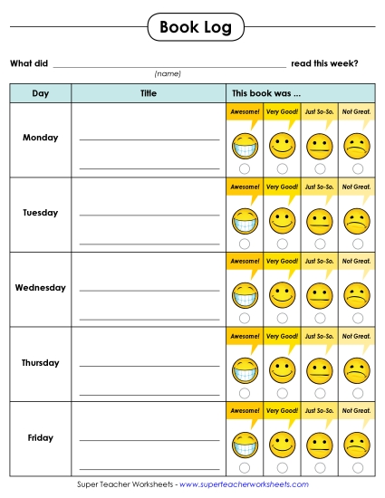 Primary Grades K-2 - Reading Log w/ Emoji Ratings