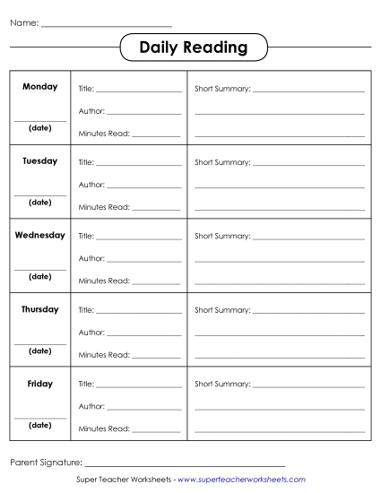 Advanced Grades 4 and Up - Reading Log w/ Summary