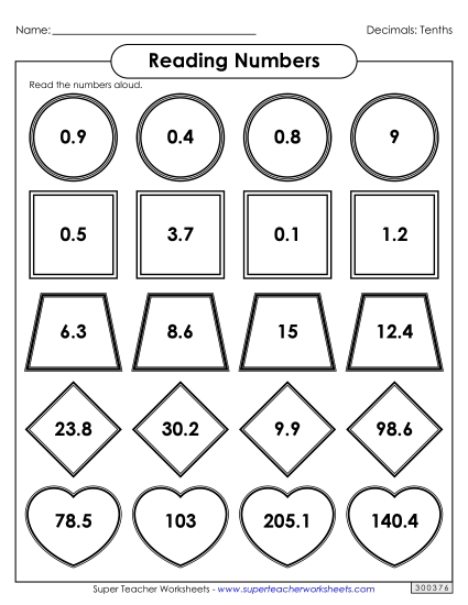 Reading Decimal Numbers - Reading Numbers - Tenths Reading Decimal Numbers - Reading Numbers - Tenths