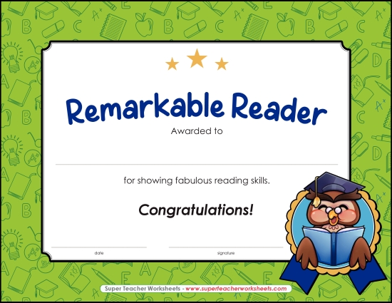 Reading & Writing Awards - Remarkable Reading Certificate Reading & Writing Awards - Remarkable Reading Certificate