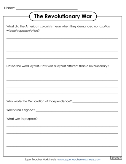 Worksheets and Activities - Revolutionary War Questions Worksheets and Activities - Revolutionary War Questions