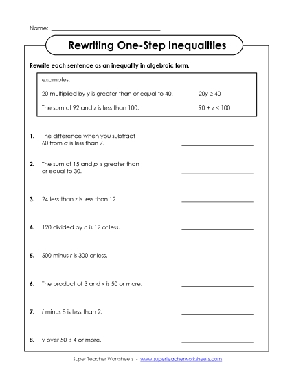 Basic Level (Whole Numbers Only) - Rewriting Inequalities (Single-Step; Basic) Basic Level (Whole Numbers Only) - Rewriting Inequalities (Single-Step; Basic)