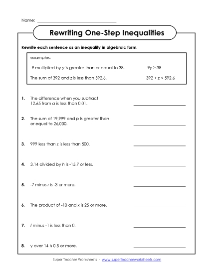 Intermediate Level (Includes Neg. Numbers & Decimals) - Rewriting Inequalities (Single-Step; Intermediate) Intermediate Level (Includes Neg. Numbers & Decimals) - Rewriting Inequalities (Single-Step; Intermediate)