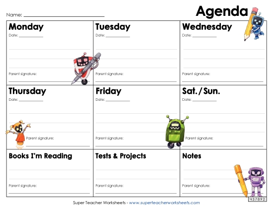Homework Agendas and Calendars - Robot Homework Agenda Homework Agendas and Calendars - Robot Homework Agenda