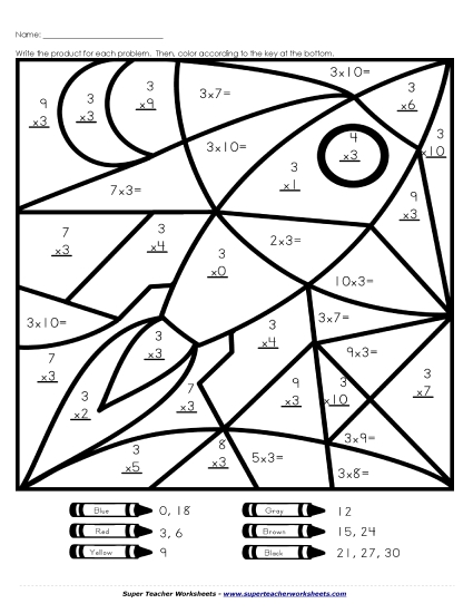 Multiply by 3s Only - Rocket Mystery Picture Multiply by 3s Only - Rocket Mystery Picture