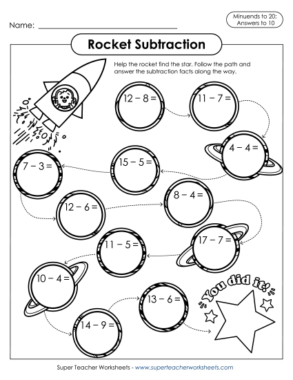 Subtraction Fact Practice - Rocket Subtraction (Minuends to 20, Answers to 10)  