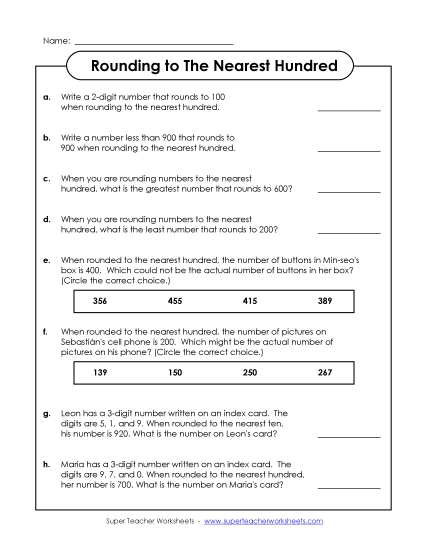 Nearest Hundred (3-Digit Numbers Only) - Rounding: Thinking Questions Nearest Hundred (3-Digit Numbers Only) - Rounding: Thinking Questions