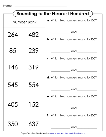 Nearest Hundred (3-Digit Numbers Only) - Rounding to Nearest Hundred: Number Bank Match-Up Nearest Hundred (3-Digit Numbers Only) - Rounding to Nearest Hundred: Number Bank Match-Up