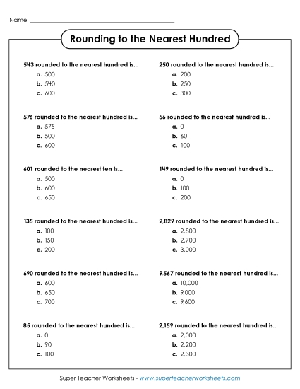 Nearest Hundred (3 and 4-Digit Numbers) - Rounding to the Nearest Hundred - Multiple Choice