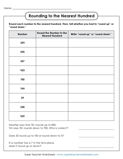 Nearest Hundred (3 and 4-Digit Numbers) - Rounding to the Nearest Hundred - Table