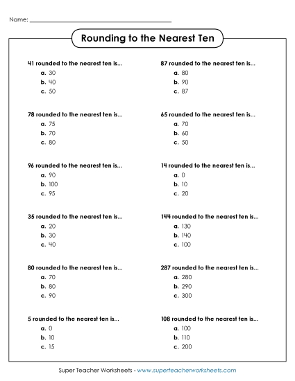 Nearest Ten (2 and 3-Digit Numbers) - Rounding to the Nearest Ten - Multiple Choice Nearest Ten (2 and 3-Digit Numbers) - Rounding to the Nearest Ten - Multiple Choice
