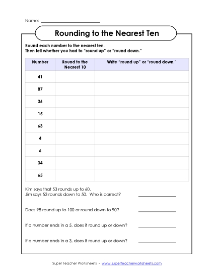 Nearest Ten 2-Digit Numbers - Rounding to the Nearest Ten - Table