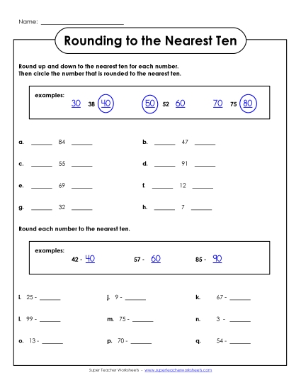 Nearest Ten 2-Digit Numbers - Rounding Up-Down (2 Digits) Nearest Ten 2-Digit Numbers - Rounding Up-Down (2 Digits)
