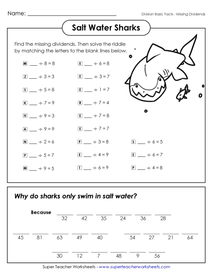 Division - Salt Water Sharks (Basic Facts; Missing Dividends) Division - Salt Water Sharks (Basic Facts; Missing Dividends)