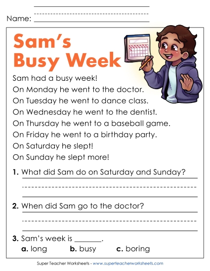 Reading Comprehension and  Additional ELA Skills - Sam's Busy Week