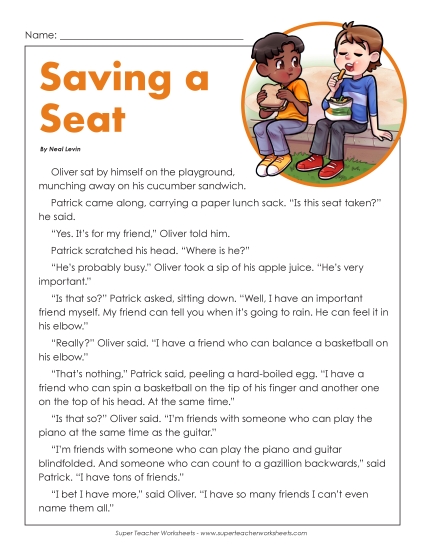 Fiction Stories - Saving a Seat (Printable PDF Worksheet)