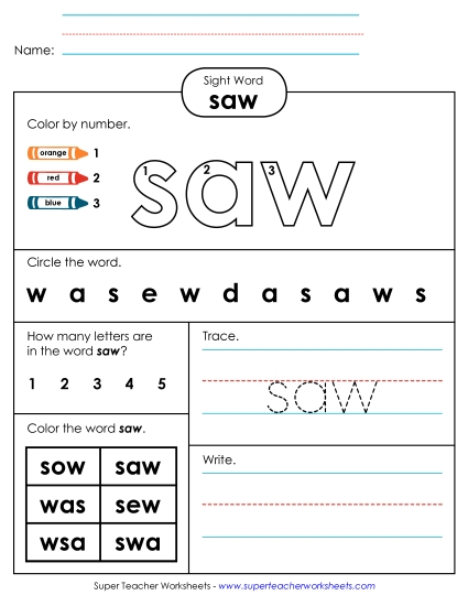 Individual Sight Words - Saw (Sight Word) Individual Sight Words - Saw (Sight Word)