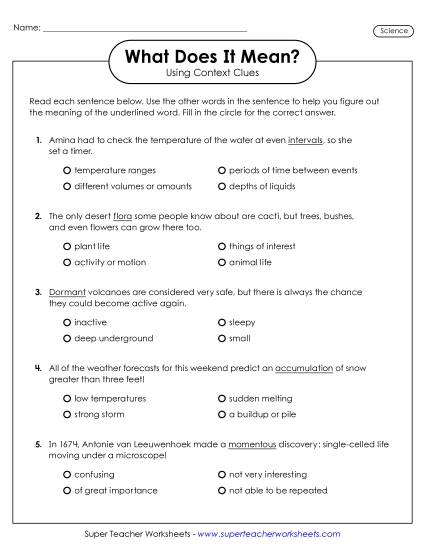 What Does It Mean? Using Context Clues to Define Words - Science Context Clues Worksheet 1 (Printable PDF Worksheet)