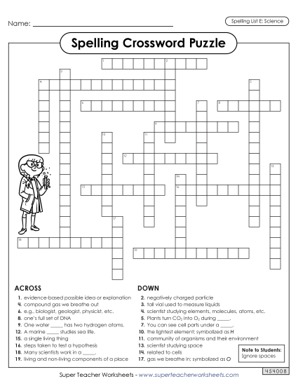 Worksheets and Activities - Science Spelling Crossword