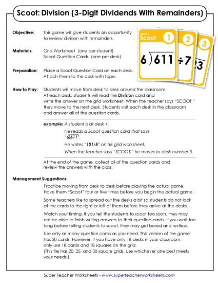 3-Digit Dividends - Scoot! Classroom Game: 3-Digit Dividends with Remainders 3-Digit Dividends - Scoot! Classroom Game: 3-Digit Dividends with Remainders