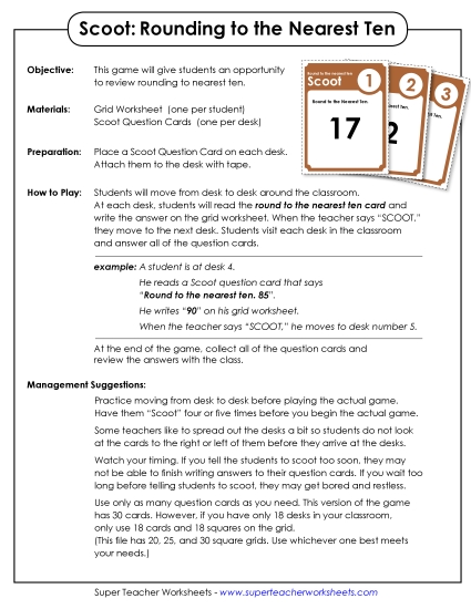 Nearest Ten 2-Digit Numbers - Scoot Game: Rounding (Nearest 10)
