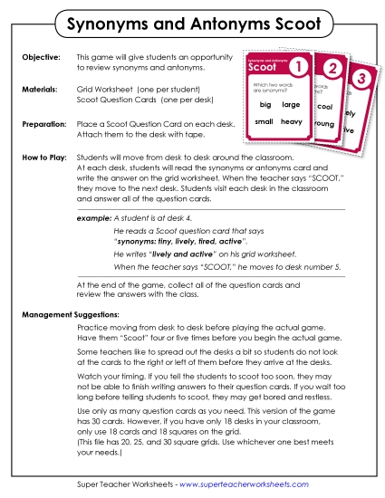 Mixed Synonyms & Antonyms - Scoot Game: Synonyms & Antonyms
