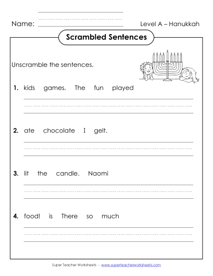 Worksheets and Activities - Scrambled Sentences (A-Hanukkah) 