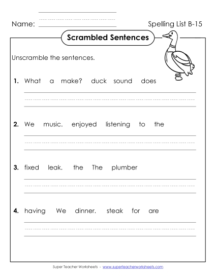 Worksheets - Scrambled Sentences (B-15) Worksheets - Scrambled Sentences (B-15)