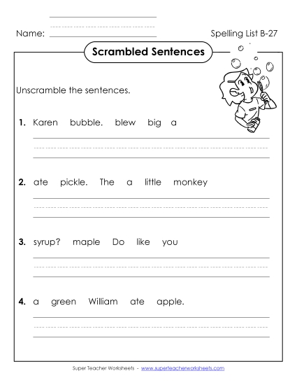 Worksheets - Scrambled Sentences (B-27)
