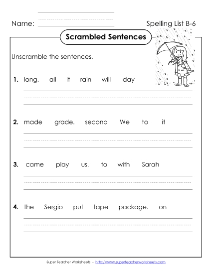 Worksheets - Scrambled Sentences (B-6)
