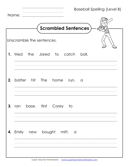 Worksheets and Activities - Scrambled Sentences (B-Baseball) 