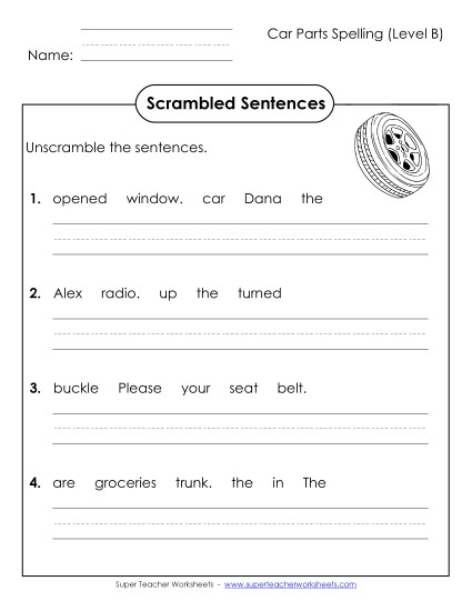 Worksheets and Activities - Scrambled Sentences (B-Car Parts) 
