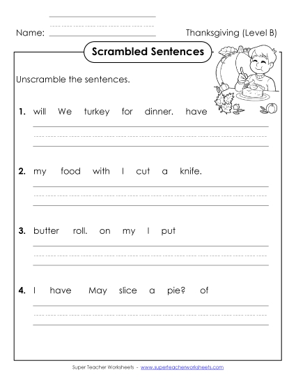 Printable Workheets - Scrambled Sentences (B-Thanksgiving) 