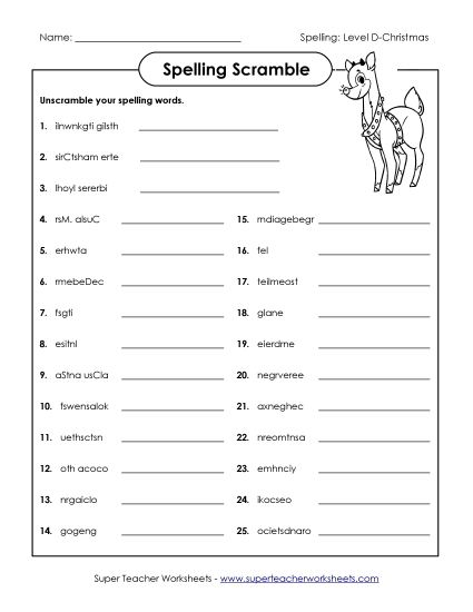 Worksheets - Scrambled Spelling (D-Christmas) 