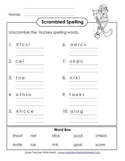 Worksheets and Activities - Scrambled Spelling Words (A-Hockey Words) Worksheets and Activities - Scrambled Spelling Words (A-Hockey Words)