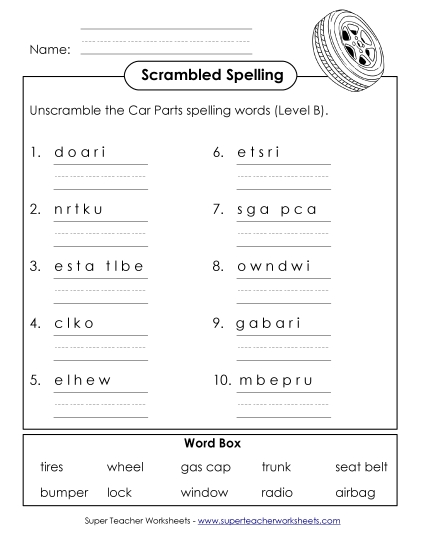Worksheets and Activities - Scrambled Spelling Words (B-Car Parts) 