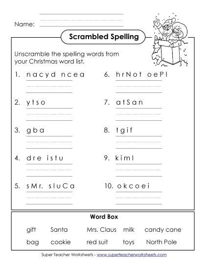 Worksheets and Activities - Scrambled Spelling Words (B-Christmas) 
