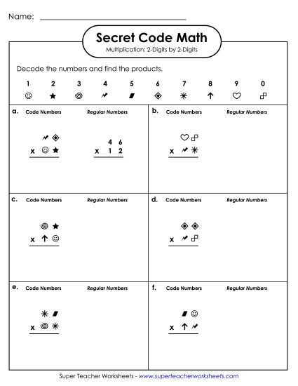 2-Digit Times 2-Digit Worksheets - Secret Code Math: 2 Digits Times 2 Digits