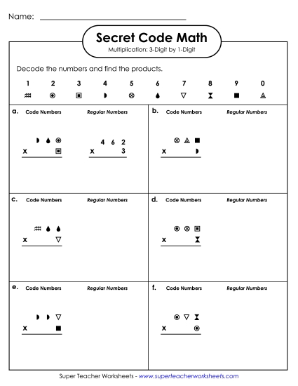 3-Digit Times 1-Digit Printables - Secret Code Math: 3 Digits Times 1 Digit